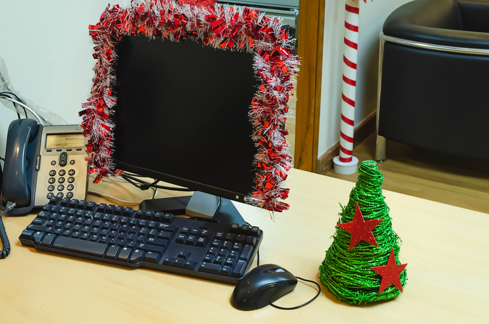 Christmas,Tree,Embellishment,On,Desk,In,The,Office,With,A