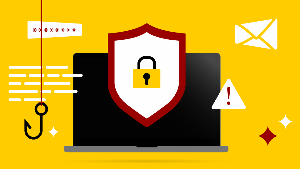 Illustration of lock icon in front of a desktop with email icon, stars, hooks and lines in the yellow background